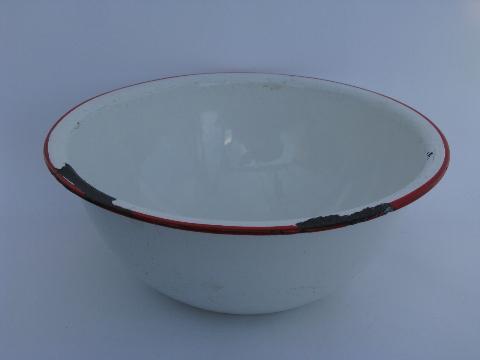 photo of lot vintage white / red band graniteware enamel kitchenware, pots, pans, bowl #9