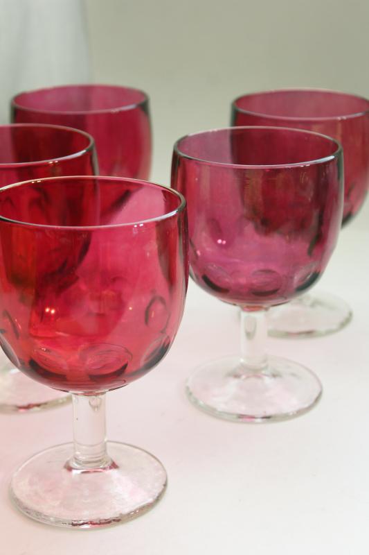 photo of lot vintage wine glasses or water goblets, ruby cranberry stain glass flashed color #2