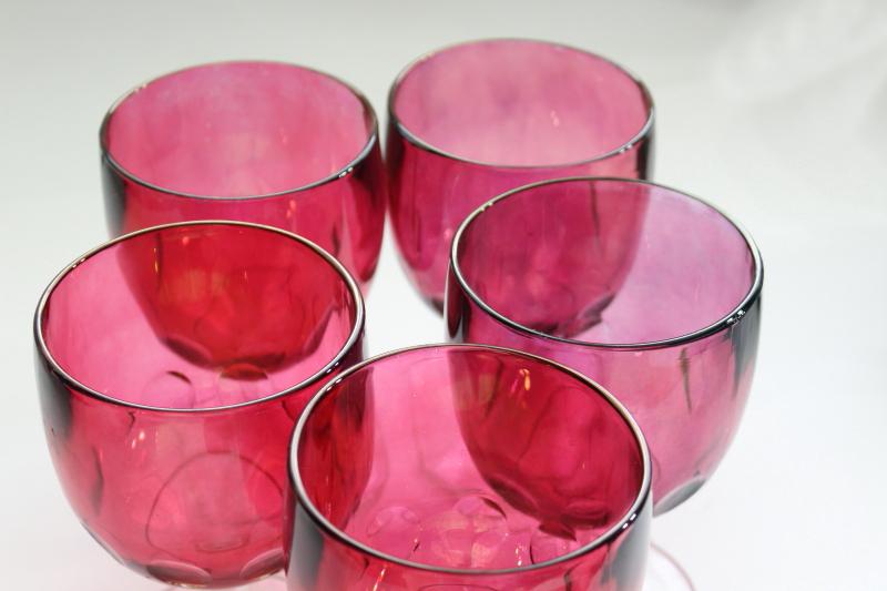 photo of lot vintage wine glasses or water goblets, ruby cranberry stain glass flashed color #9