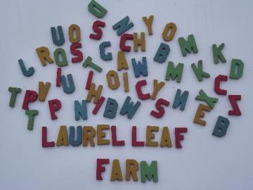 catalog photo of lot vintage wood letter shape blocks, colored wooden spelling letters