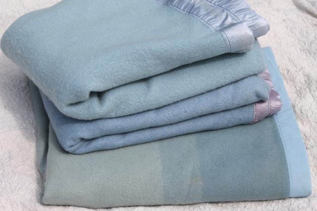 photo of lot vintage wool bed blankets in shades of blue, warm all wool blankets for winter #1