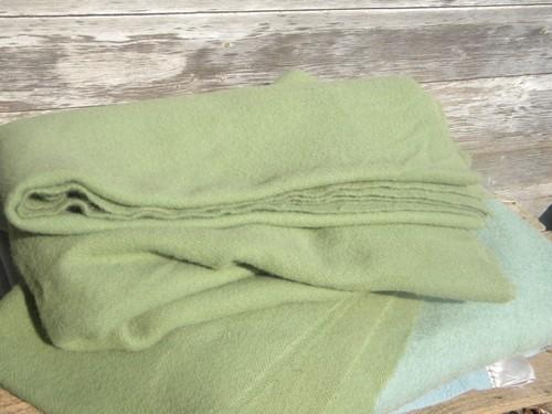 photo of lot vintage wool blankets, blue and green, felted cutting fabric for rugs or crafts? #4