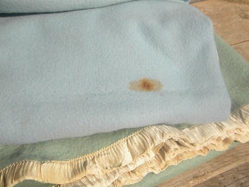 photo of lot vintage wool blankets, blue and green, felted cutting fabric for rugs or crafts? #5