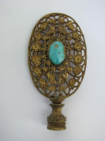 photo of lovely large vintage lamp shade finial, ornate brass filigree, turquoise stone #2