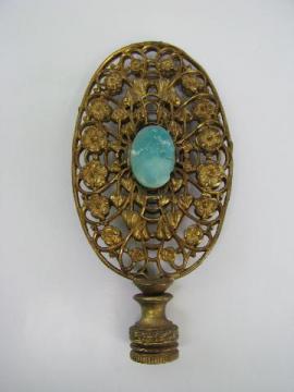 catalog photo of lovely large vintage lamp shade finial, ornate brass filigree, turquoise stone