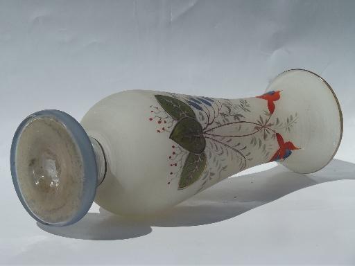 photo of lovely matte finish hand-painted floral vintage blown pontil glass vase #3