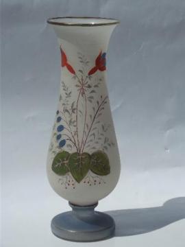 catalog photo of lovely matte finish hand-painted floral vintage blown pontil glass vase