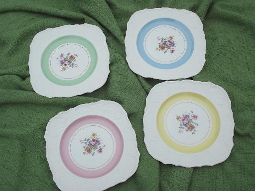 photo of lovely old embossed china, flowers and pastel band border square salad plates #1