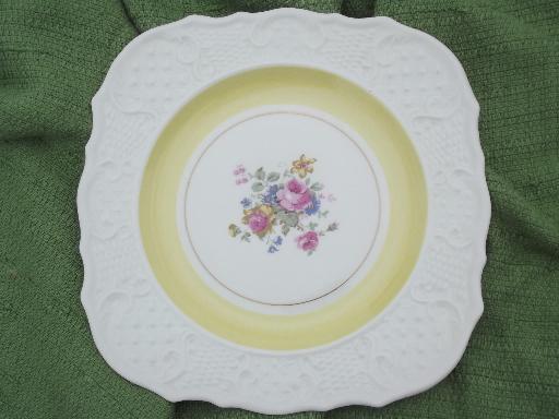 photo of lovely old embossed china, flowers and pastel band border square salad plates #2