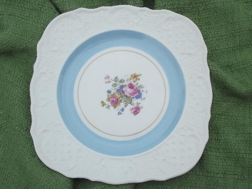 photo of lovely old embossed china, flowers and pastel band border square salad plates #3