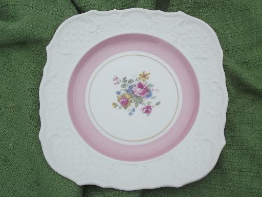 photo of lovely old embossed china, flowers and pastel band border square salad plates #4