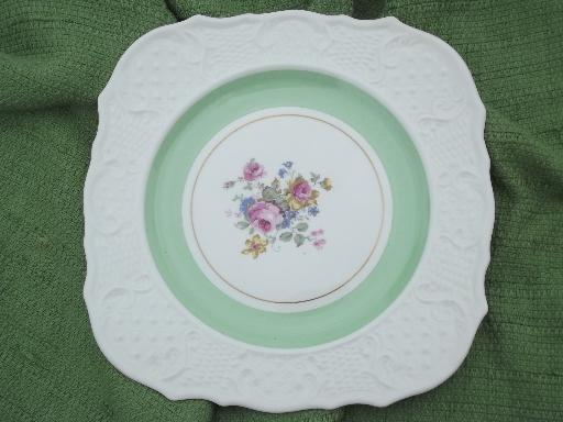 photo of lovely old embossed china, flowers and pastel band border square salad plates #5