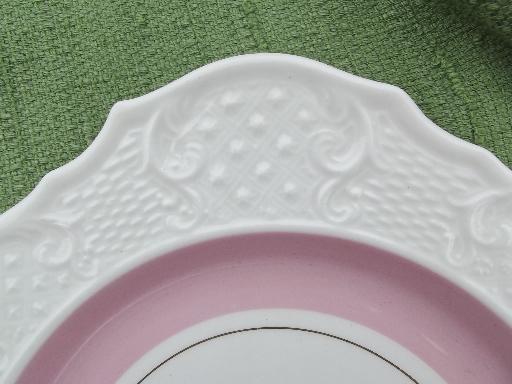 photo of lovely old embossed china, flowers and pastel band border square salad plates #7