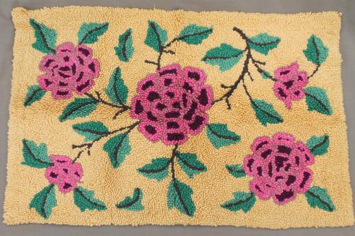 photo of lovely old handmade rug, heavy cotton yarn hooked rug w/ vintage pink roses floral  #1