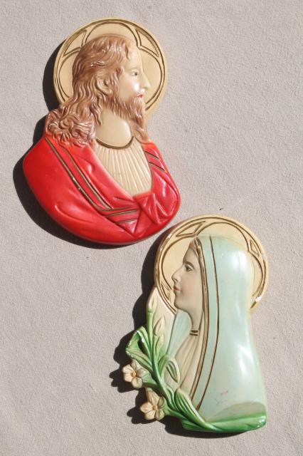 photo of lovely old religious wall plaques, vintage chalkware Mary & Jesus #1