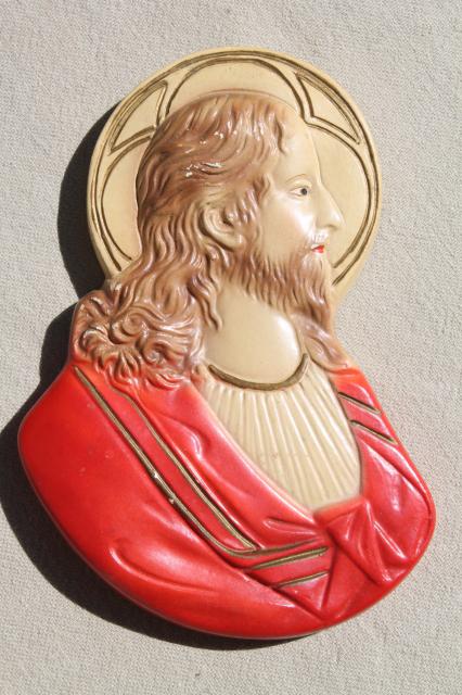 photo of lovely old religious wall plaques, vintage chalkware Mary & Jesus #2