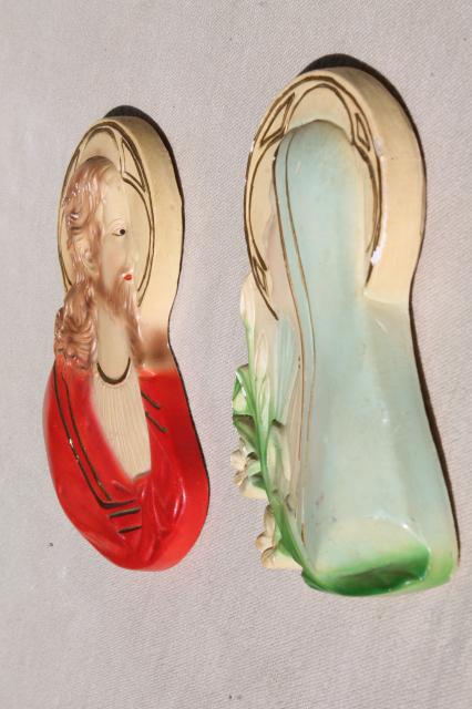 photo of lovely old religious wall plaques, vintage chalkware Mary & Jesus #4