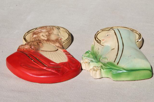photo of lovely old religious wall plaques, vintage chalkware Mary & Jesus #5