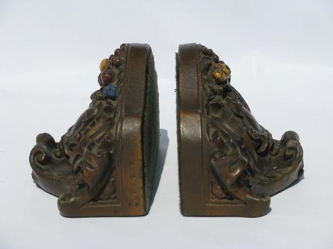 photo of lovely ornate painted chalkware book ends, vintage bookends #2