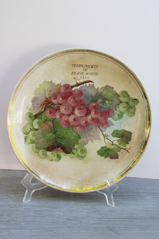 photo of lovely shabby old antique brown stained china plate w/ grapes print, dated 1911  #1