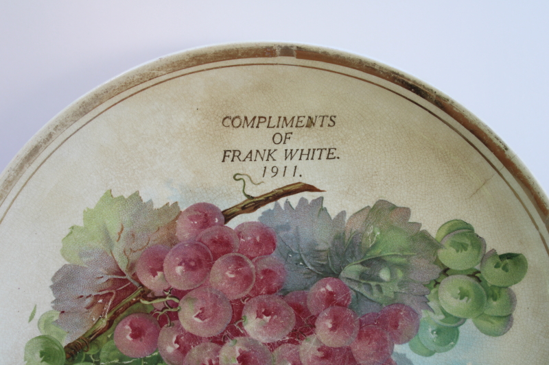 photo of lovely shabby old antique brown stained china plate w/ grapes print, dated 1911  #2