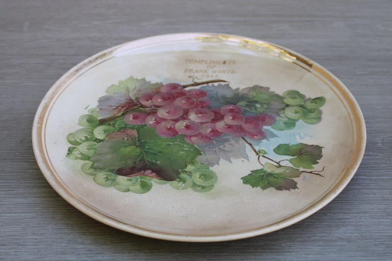 photo of lovely shabby old antique brown stained china plate w/ grapes print, dated 1911  #3