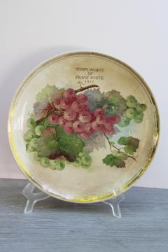 catalog photo of lovely shabby old antique brown stained china plate w/ grapes print, dated 1911 