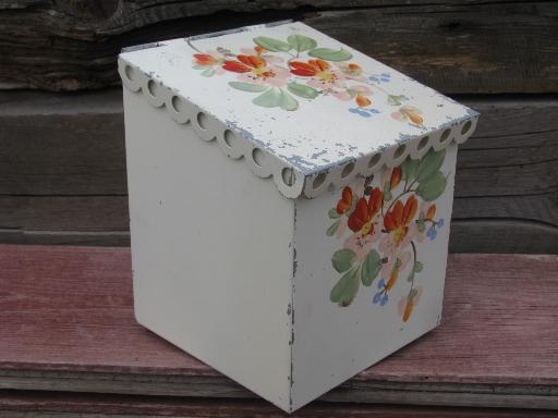 photo of lovely shabby vintage tole lace edge metal wall box, painted flowers #1