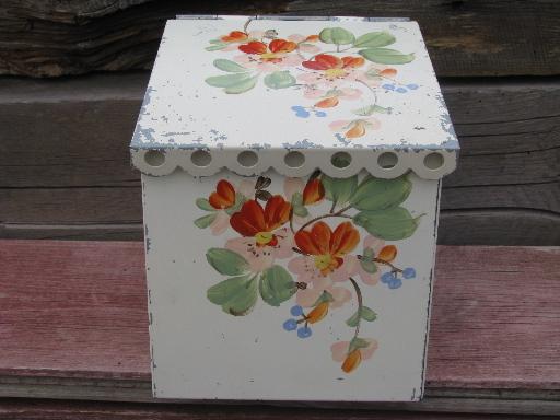 photo of lovely shabby vintage tole lace edge metal wall box, painted flowers #2