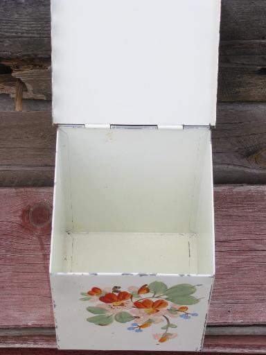 photo of lovely shabby vintage tole lace edge metal wall box, painted flowers #4