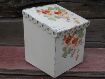 catalog photo of lovely shabby vintage tole lace edge metal wall box, painted flowers