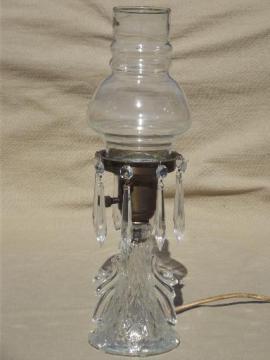 catalog photo of lovely vintage pressed glass chimney lamp w/ glass prism teardrops