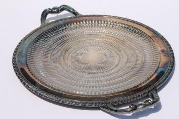 catalog photo of lovely vintage tarnished silver serving tray w/ glass platter or cake plate