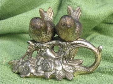 catalog photo of loving doves birds sitting in a tree ornate vintage cast metal S&P shakers