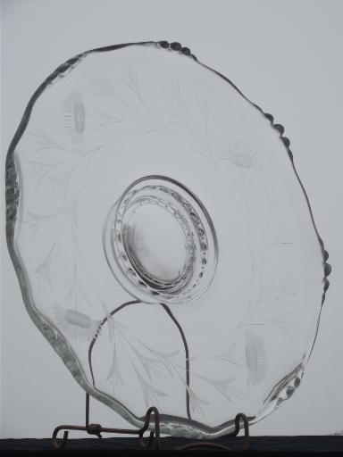 photo of low footed cake plate w/ wheel cut marguerite daisy, vintage Imperial glass? #1