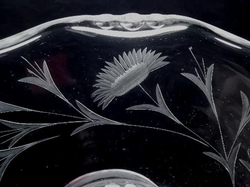 photo of low footed cake plate w/ wheel cut marguerite daisy, vintage Imperial glass? #5