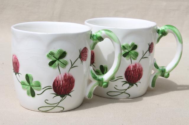 photo of lucky clover ceramic mugs, cottage style china tea mugs w/ red clovers, vintage Japan #1