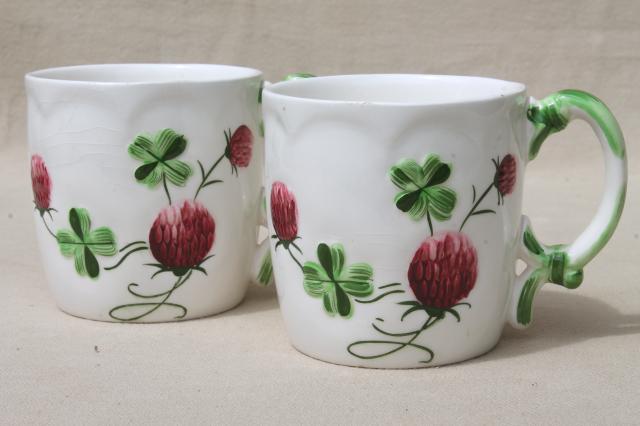 photo of lucky clover ceramic mugs, cottage style china tea mugs w/ red clovers, vintage Japan #2