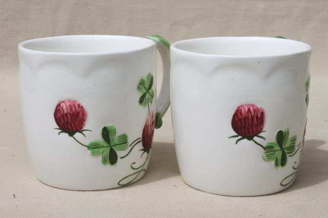 photo of lucky clover ceramic mugs, cottage style china tea mugs w/ red clovers, vintage Japan #3