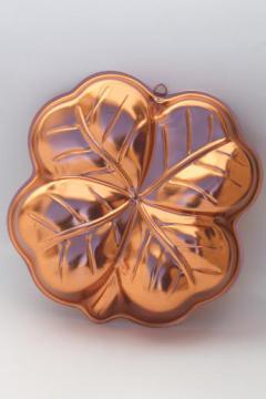 catalog photo of lucky clover jello mold or cake pan, retro copper aluminum pan four-leaf clover shape