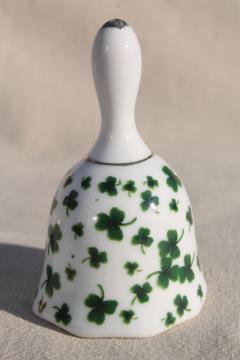 catalog photo of lucky shamrocks green clover chintz china bell, vintage ceramic table bell