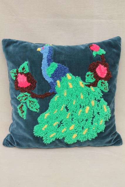 photo of luxe bohemian boudoir cushion, velvet pillow w/ peacock chenille loopy yarn embroidery #1