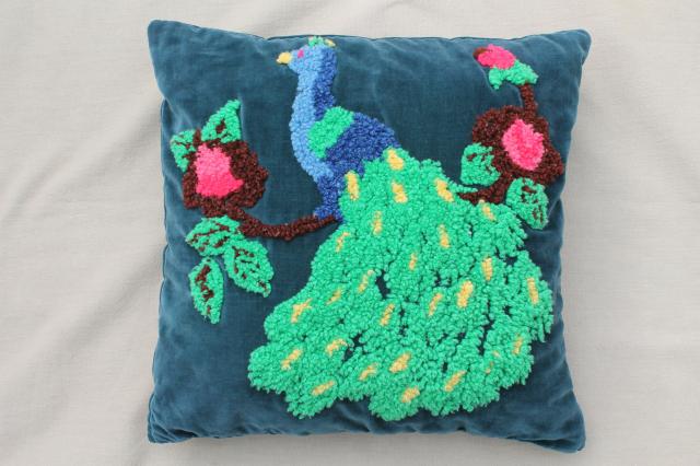 photo of luxe bohemian boudoir cushion, velvet pillow w/ peacock chenille loopy yarn embroidery #2