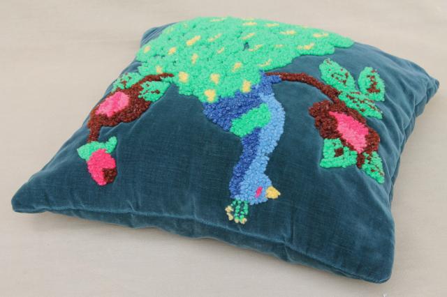 photo of luxe bohemian boudoir cushion, velvet pillow w/ peacock chenille loopy yarn embroidery #7