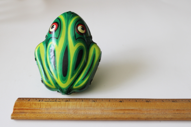 photo of made in China wind up mechanical metal jumping frog, tin toy vintage reproduction #1