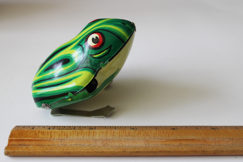 photo of made in China wind up mechanical metal jumping frog, tin toy vintage reproduction #2