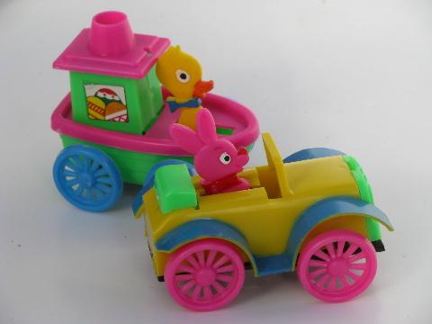 photo of made in Hong Kong hard plastic toy cars, Easter bunny auto and duck #1