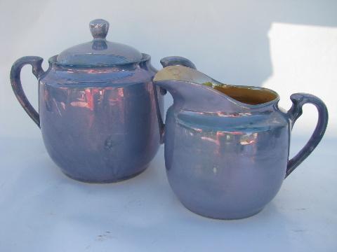 photo of made in Japan vintage blue and coral luster china tea set, teapot, pitcher etc. #3