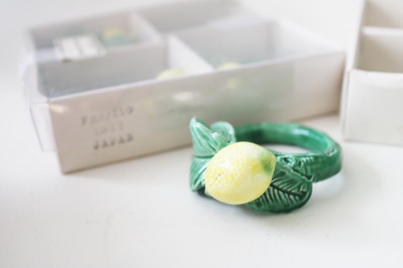 photo of majolica lemons ceramic napkin rings in original boxes FF Japan label Fitz & Floyd #3