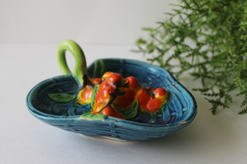 photo of majolica pottery style trinket dish w/ orange bittersweet berries vintage Japan hand painted #1